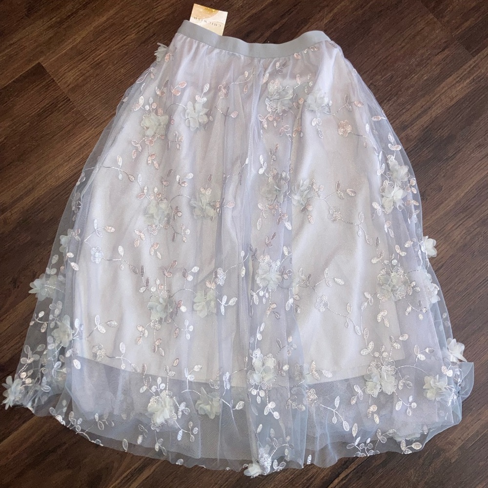Chic wish women’s Floral grey Tulle Midi Skirt new one size